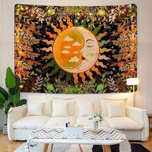 Psychedelic Moon Stars Garden Flower Tapestry Mandala Living Room Bedroom Dorm